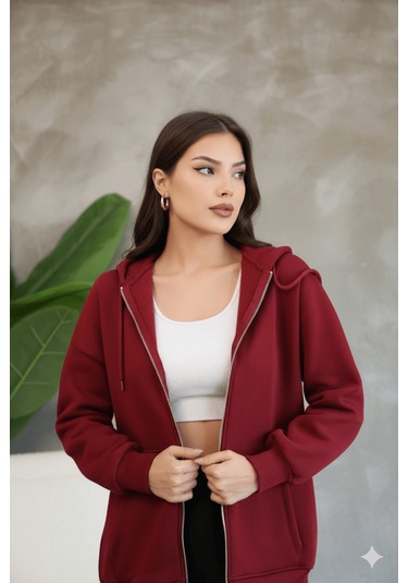 Kadın Genç Unisex Cepli Kapüşonlu Fermuarlı Sweatshirt Hırka Bordo