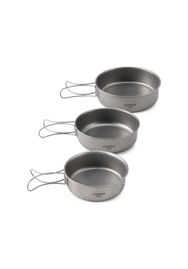 Açık Kamp Yürüyüş Pikniği İçin Katlanabilir Kulplu Ultralight Titanyum Yemek Kasesi Tavası 3pcs Gri