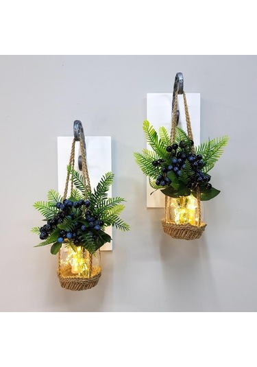 Duvar Dekoru, Led Işıklı, Mavi Kokina Çiçekli, Beyaz Aplik İkili Set