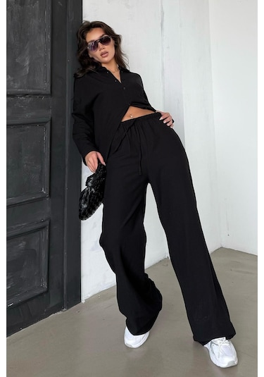 Madmext Siyah Keten Kadın Gömlek Pantolon İkili Takım Mg2356 Siyah