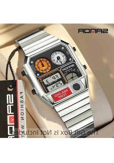 Fastbuy Güzel Altın Saat, Digital Performans, Dual Display, Alarm, 50m Su Geçirmez, Paslanmaz Çelik Bant Erkekler Saati Altın