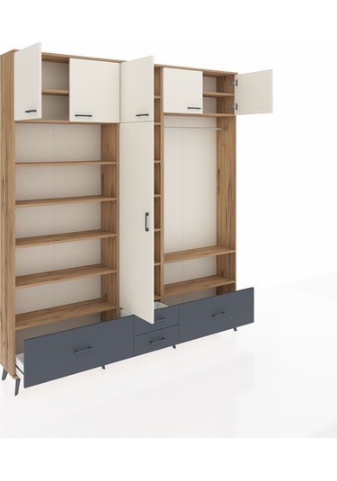 Arges Dolap 18 Raflı 4 Çekmeceli Tek Askılı 220x30x243 Çam-aytaşı/antrasit Aytası/antrasıt