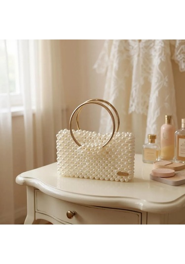 Plentiful İnci Boncuk Çanta, Abiye , Gece , Düğün, Gelin,nişan Çantası Krem