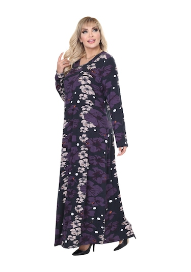 Melsay Butik Mor Gelincik Desen Uzun Kollu Kadın Tesettür Elbise Mor
