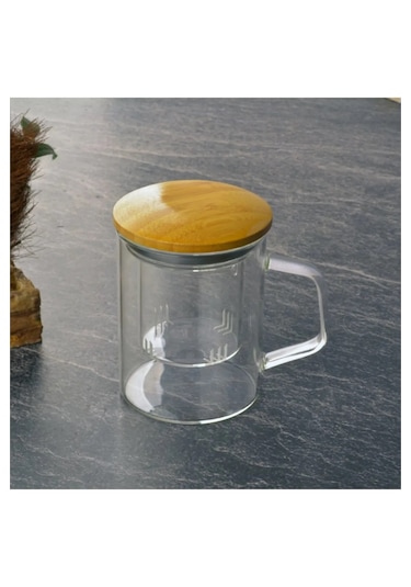 Bambu Kapaklı Borosilikat Cam Süzgeçli Cam Kupa 350 ml Uzun (THN76308)