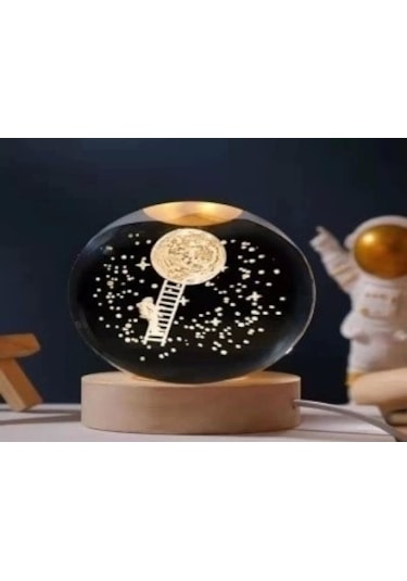 Dekoratif Merdivenli Astronot Ve Ay Tasarımlı Ahşap Altlıklı Işıklı Cam Küre Cam:6cm Ahşap:2cm Çok Renkli