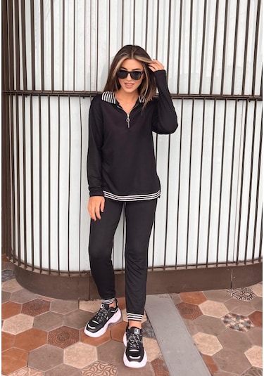 Leyla Sanat Sanata Yeni Bir Bakış Açısı Kadın Uzun Kollu Ribana Ve Fermuar Detay Bluz Ve Yüksel Bel Pantolon 2li Takım Siyah