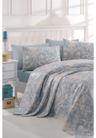 Enlora Home Baskılı Pike Takımı Tek Kişilik Tuval Mavi