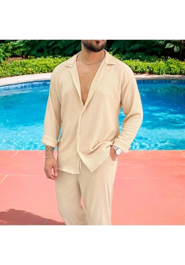 Erkek Bürümcük Krinkıl Kumaş Yazlık Likralı Apaj Yakalı Gömlek Ve Eşofman Takım Kombini Bej