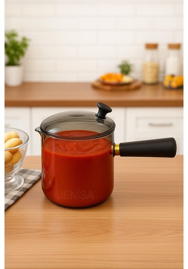 Çok Amaçlı Isıya Dayanıklı Cam Cezve & Sosluk 550 Ml - Ahşap Saplı Modern Tasarım Kahverengi