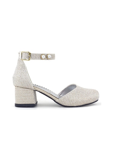 Merida Gold Simli Kalın Topuklu İnci Detaylı Kız Çocuk Topuklu Ayakkabı Altın