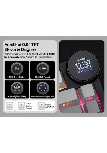 Ak820 V2 Ekranlı, Kablosuz Mekanik Oyun Klavyesi-10.000 Mah Batarya