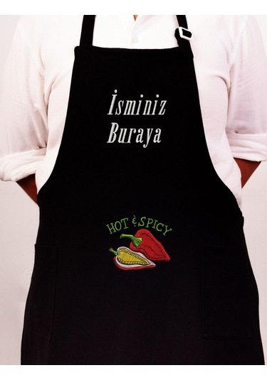Mutfak Önlüğü Kişiye Ve İsme Özel Nakışlı Mutfak Önlüğü Biber02 Farklı Renkler Siyah