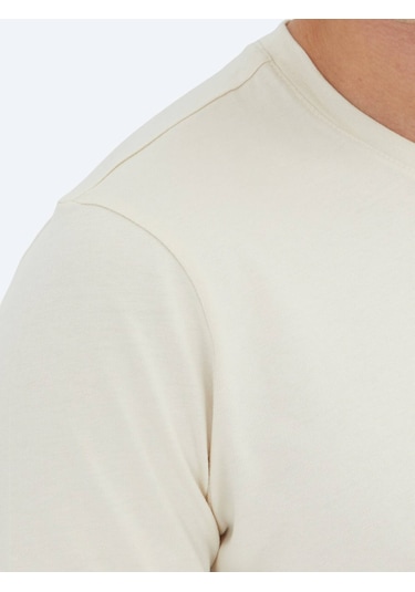 Kip Ekru Düz Bisiklet Yaka %100 Pamuk T-shirt Ekru