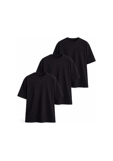 Monox Oversize Unisex 3'lü T-shirt Pamuk Rahat Kesim Siyah