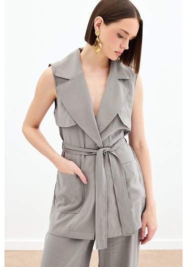 Sateen Kuşaklı Uzun Yelek - Haki-136177 Haki