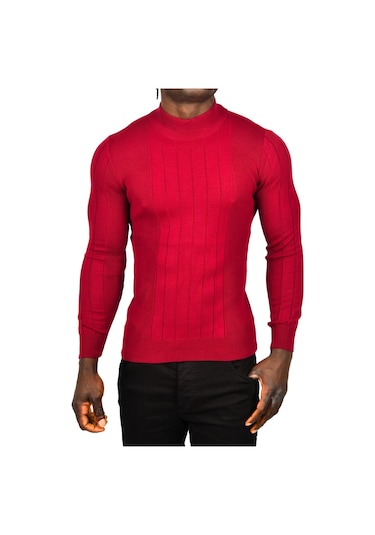 Deepsea Erkek Bordo Yarım Balıkçı Yaka Çizgili Tüylenmeyen Slim Fit Triko Kazak 2505491 Bordo