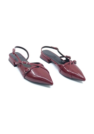 Feles Toka Detaylı Kısa Topuklu Arkası Açık Kadın Babet Ayakkabı Bordo