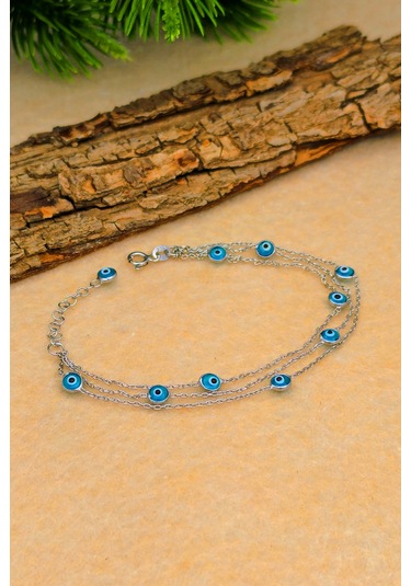 Silvera Telkari Nazar Boncuklu Gümüş Bileklik Cam Göz Nazar Üç Zincirli Gümüş Bileklik 925 Ayar St376 Gümüş