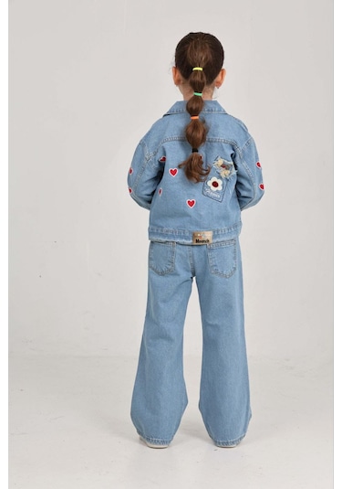 Moonch Kuromi Nakışlı İşlemeli Kız Çocuk Kot Takım-2'li Denim Set Mavi