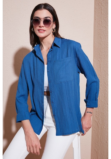 Lela Regular Fit Tek Cepli Önü Kısa Arkası Uzun Krinkıl Bayan Gömlek 6772752 Indigo