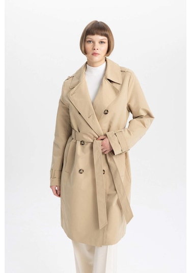 Defacto Su İtici Mevsimlik Trençkot Kruvaze Yaka Düğmeli Cepli Kemerli Apoletli A0593AX24SPBN425 Kahve