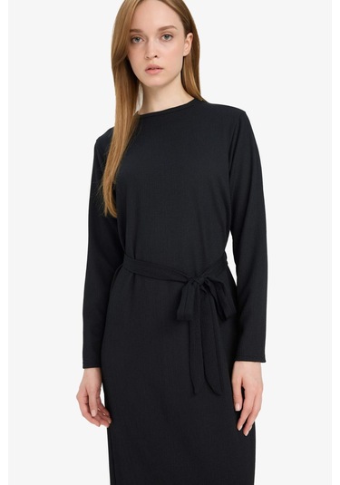 Defacto Regular Fit Bisiklet Yaka Bağlamalı Uzun Kollu Maxi Elbise D9063ax25spbk81 Siyah