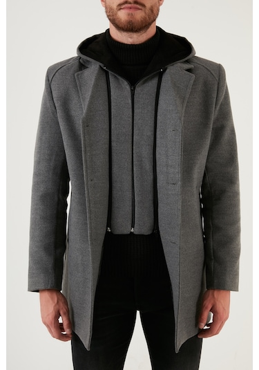 Buratti Çıkarılabilir Kapüşonlu Kırçıllı Slim Fit Kaşe Erkek Kaban 5841013 Açık Gri