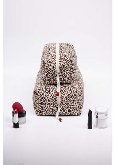 Makyaj Çantası 2 Li Set Leopar Desenli