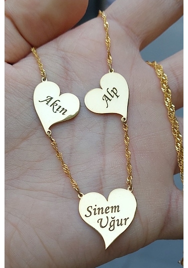 925 Ayar Gümüş 24 Ayar Altın Kaplama 3 Kalpli Kolye
