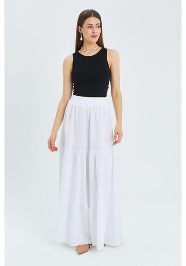4567 Kadın Fırfırlı Uzun Müslin Etek Beyaz Beyaz