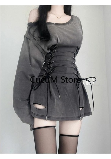 Yeni Fairycore Grunge Goth Korse Elbise Kadın Estetik Harajuku Streetwear Bandaj Ince Bodycon Elbise Y2k 90s Bağımsız Giysiler Koyu Gri