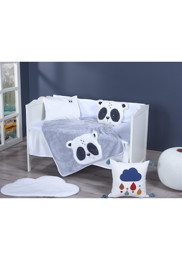 Lüx Sevimli Panda Figürlü Welsoft Battaniye + Yastık Gri