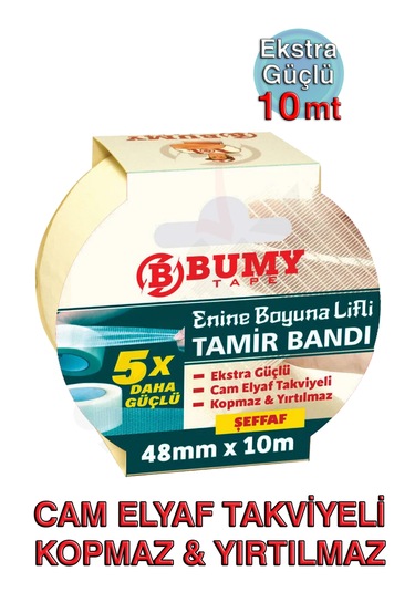 Bumy Enine Boyuna Lifli Tamir Bandı 48mm X 10mt Şeffaf, Elle Yırtılmaz, Kopmaz, 5 Kat Daha Güçlü