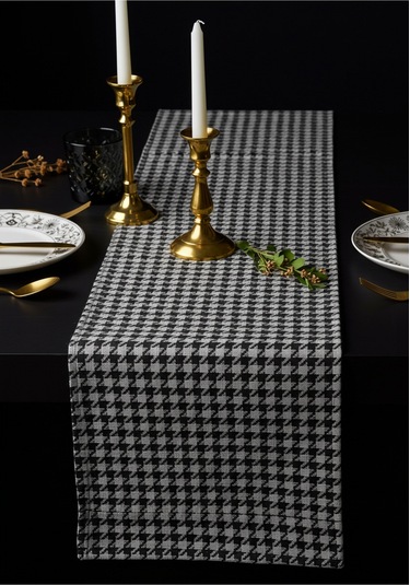 Siyah Beyaz Kazayağı Şık Masa Runnerı 50x150 Cm Modern Ve Zarif Masa Örtüsü Runner Siyah Beyaz Kazayağı