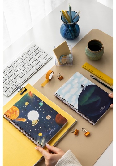 A5 Spiralli Karton Kapak 2 Li Set Çizgili Okul Defteri 80 Yaprak, Ders Programlı Galaksi