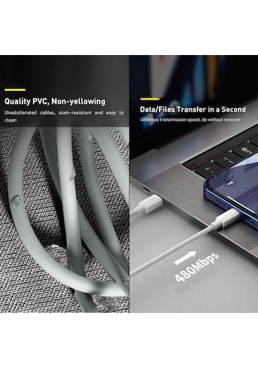 Suofeng Baseus 2 Adet 1.5m Beyaz Type-c İphone Uyumlu Data Kablosu Pd 20w Hızlı Şarj 480mbps Pvc