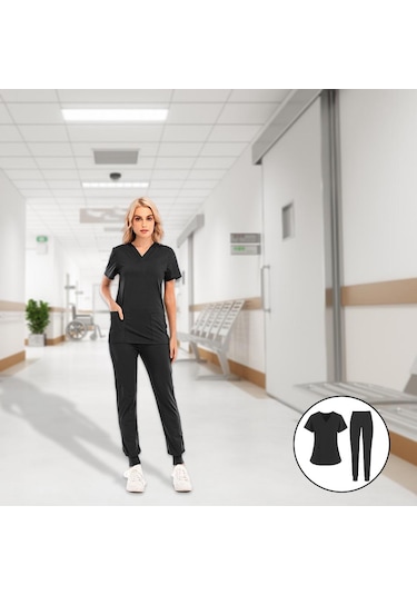 Homyl Rahat Hemşirelik Ovma Seti Spa Üniformaları Moda M-siyah