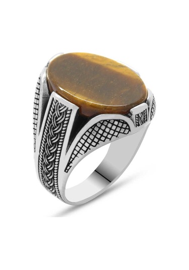 Kaplangözü Taşlı Örgü Tasarım 925 Ayar Gümüş Erkek Yüzük (429371848)