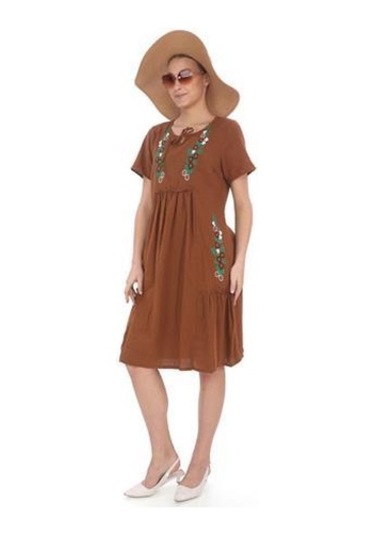 Yarım Kol Yuvarlak Yaka İşlemeli Keten Elbise-9166 Tarçın