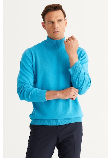 AC&Co / Altınyıldız Classics Erkek Turkuaz Standart Fit Normal Kesim Yarım Balıkçı Yaka Triko Turkuaz