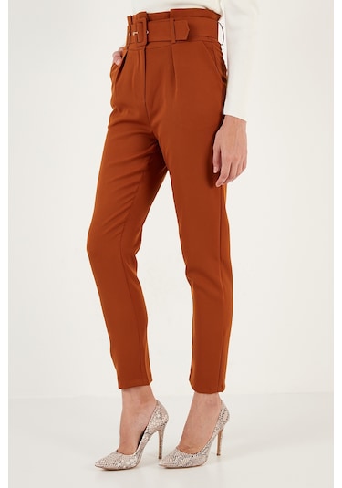 Lela Yüksek Bel Cepli Kemerli Regular Fit Kumaş Bayan Pantolon 611Pl04 Kiremit