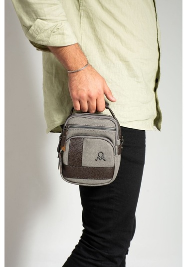 Kanvas 7 Bölmeli El Ve Omuz Erkek Çantası 413 Gri - Kahverengi