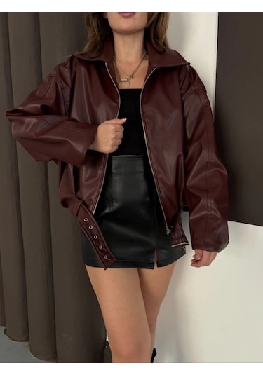 Astarlı Kemerli Pb Deri Ceket Bordo Onst Bordo