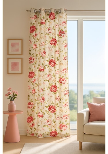 Maira Halkalı Fon Perde Güllü 140x270 Bej