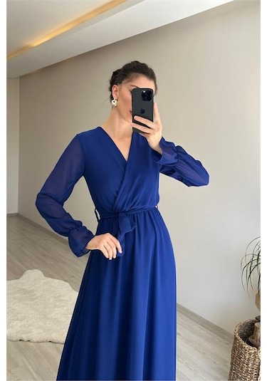 Neşeli Butik Kadın Uzun Kollu Kuşaklı Maxi Şifon Elbise Nm001 Saks