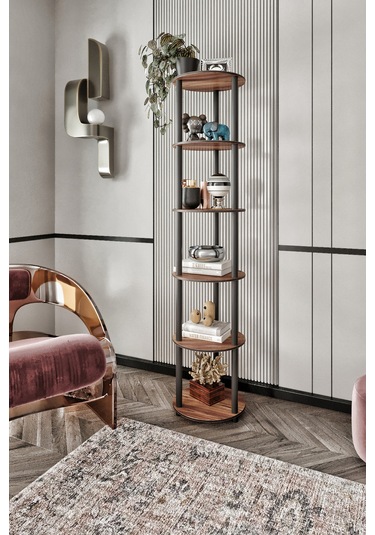 Dekoratif Masivo Kitaplık 6 Katlı 34 Çap Yuvarlak Çok Amaçlı Raf Ceviz