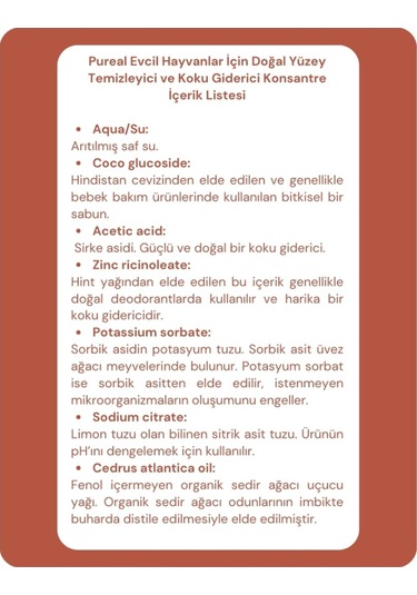 Pureal Evcil Hayvanlar İçin Doğal Yüzey Temizleyici ve Koku Giderici Konsantre 500 ML