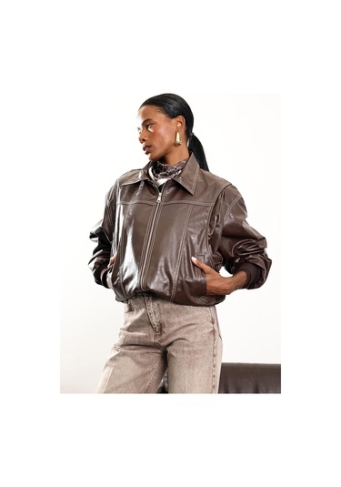 Kahverengi Kontrast Dikişli Deri Bomber Ceket Kahverengi