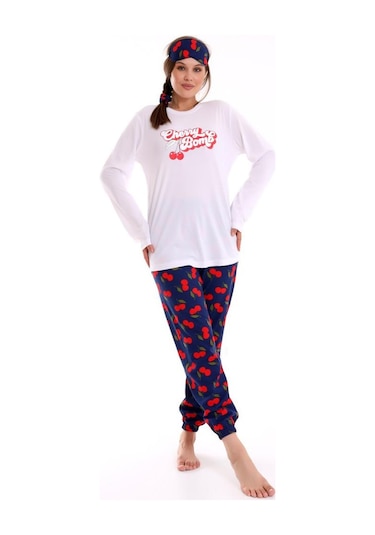 Calimera Kadın Pijama Takımı Uzun Kol Pamuklu Sıfır Yaka Beyaz - Lacivert
